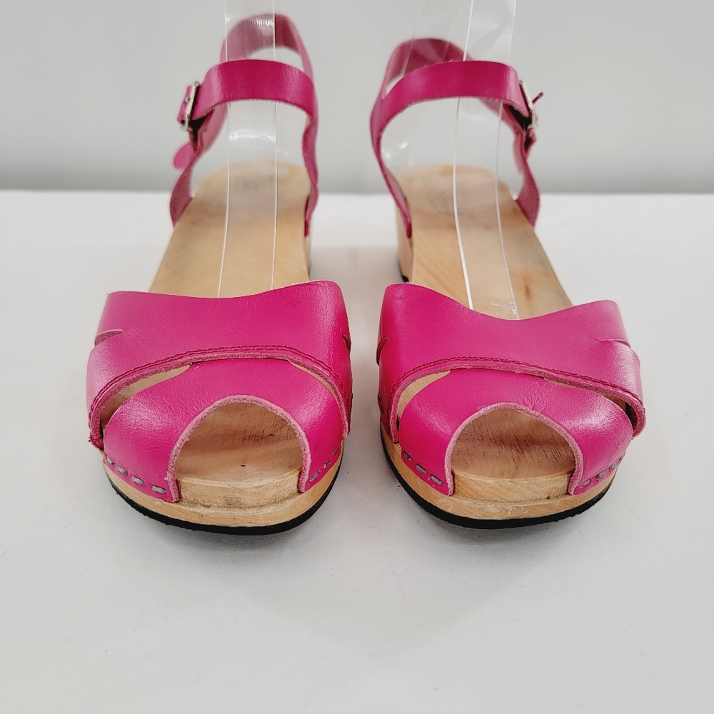 Swedish Hasbeens Suzanne Hot Pink Peep Toe Sandal Clogs - Picture 4 of 16